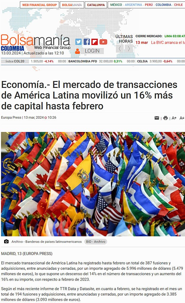 Economa.- El mercado de transacciones de Amrica Latina moviliz un 16% ms de capital hasta febrero